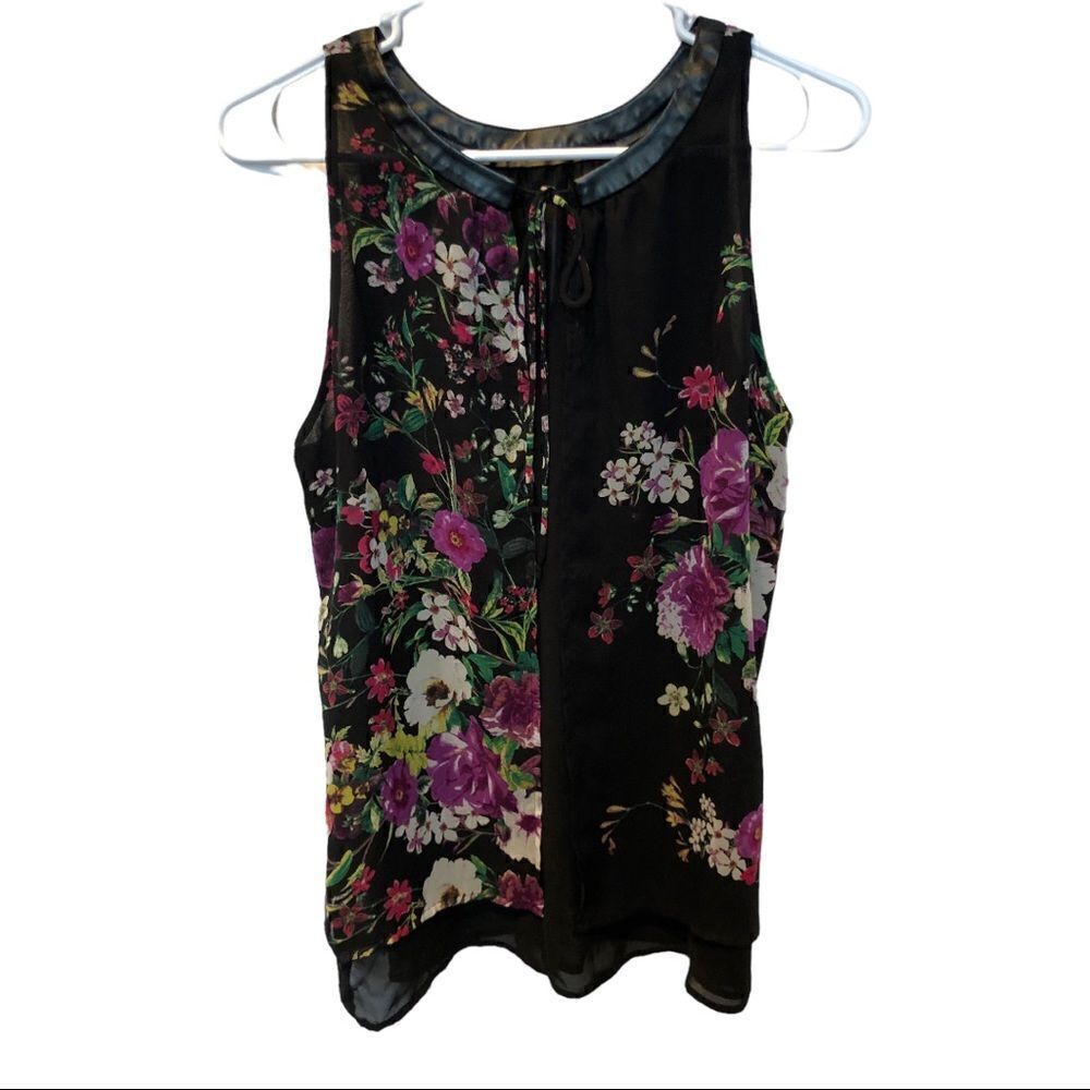Bisou Bisou Dressy Tank Black Floral Leather at collar Small NWOT
